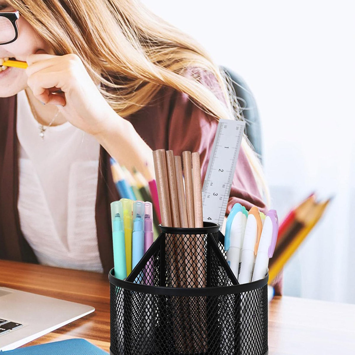 Rotating Pen Holder Desk Organiser Metal Black Multi-Compartment