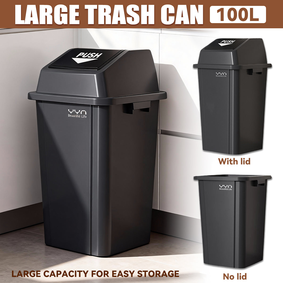 100L Square Trash Can with Handle and Lid Option