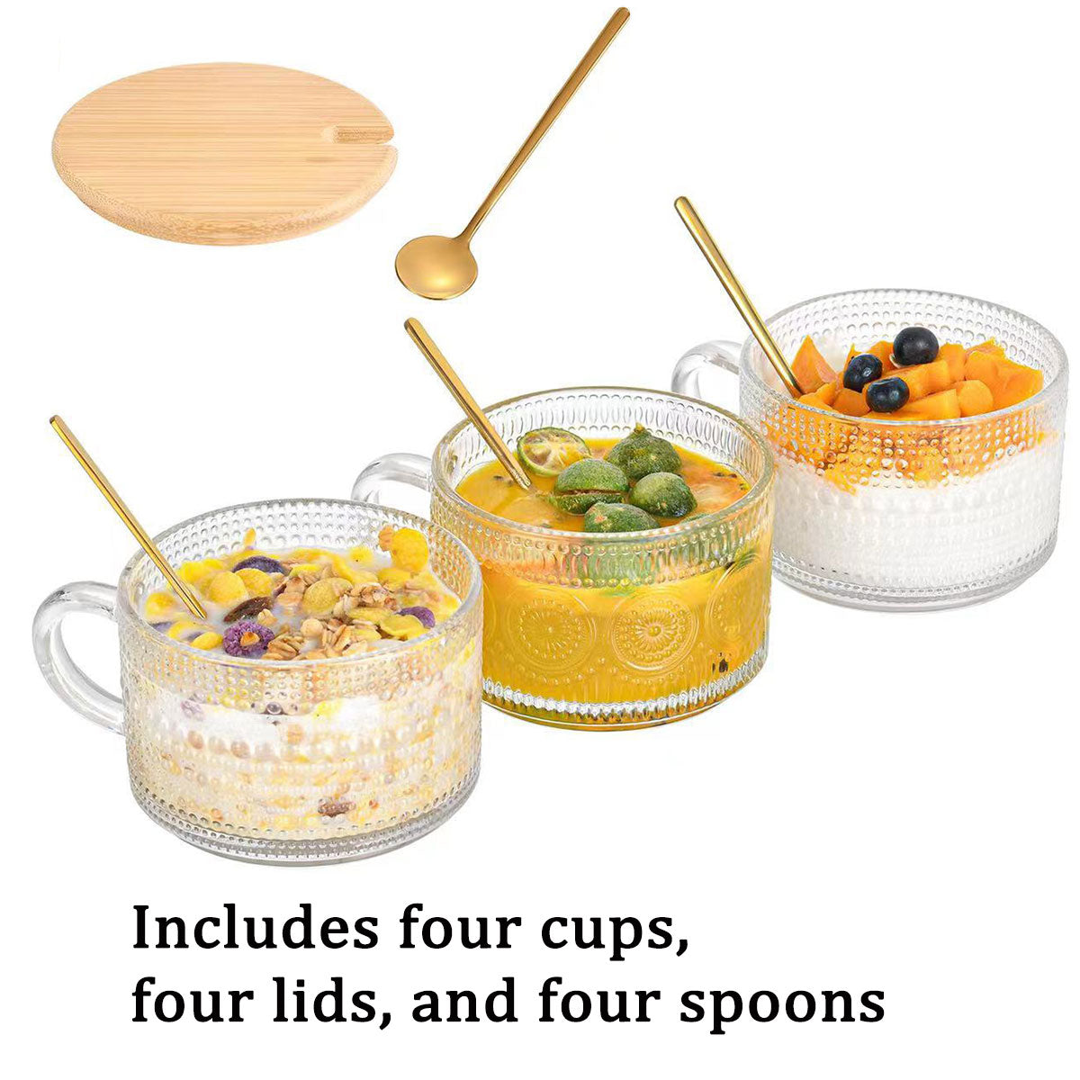 4pcs Embossed Glass Coffee Cups 14oz with Lids