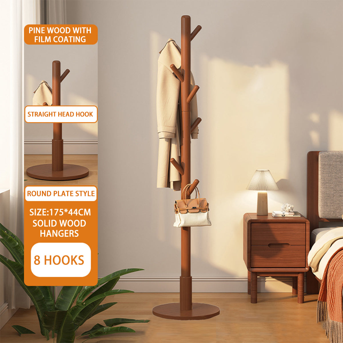 Solid Wood Clothes Hanger Floor Coat Rack with 8 Hooks