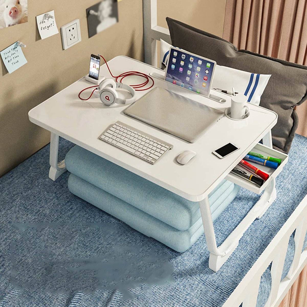 Folding Bed Desk Portable Floor Table with Drawer for Small Spaces