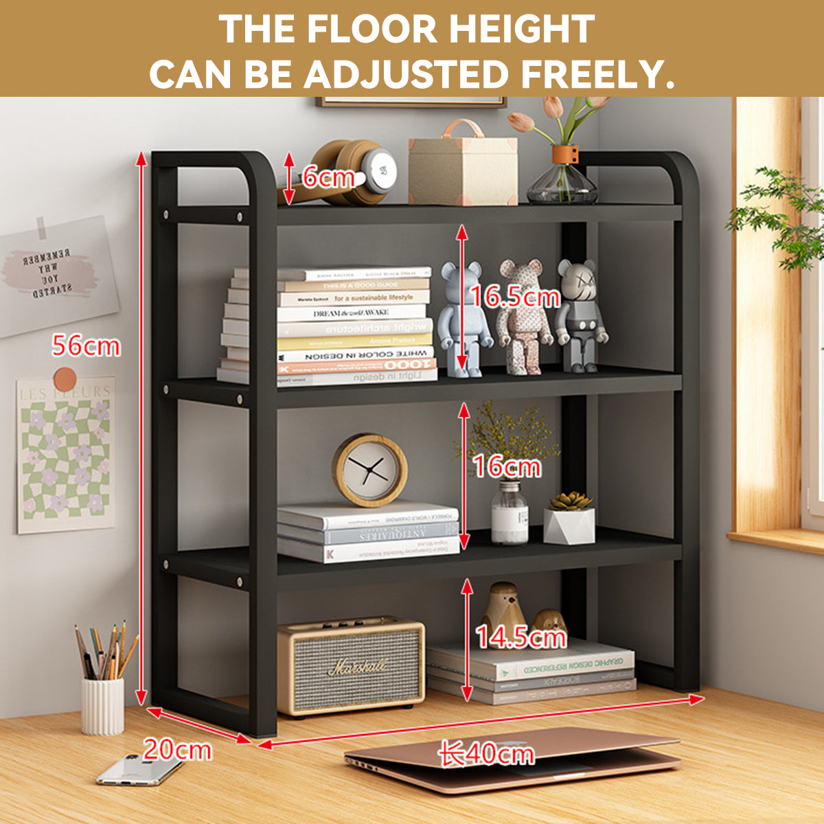 3-Tier Desktop Storage Rack Steel Frame for Books