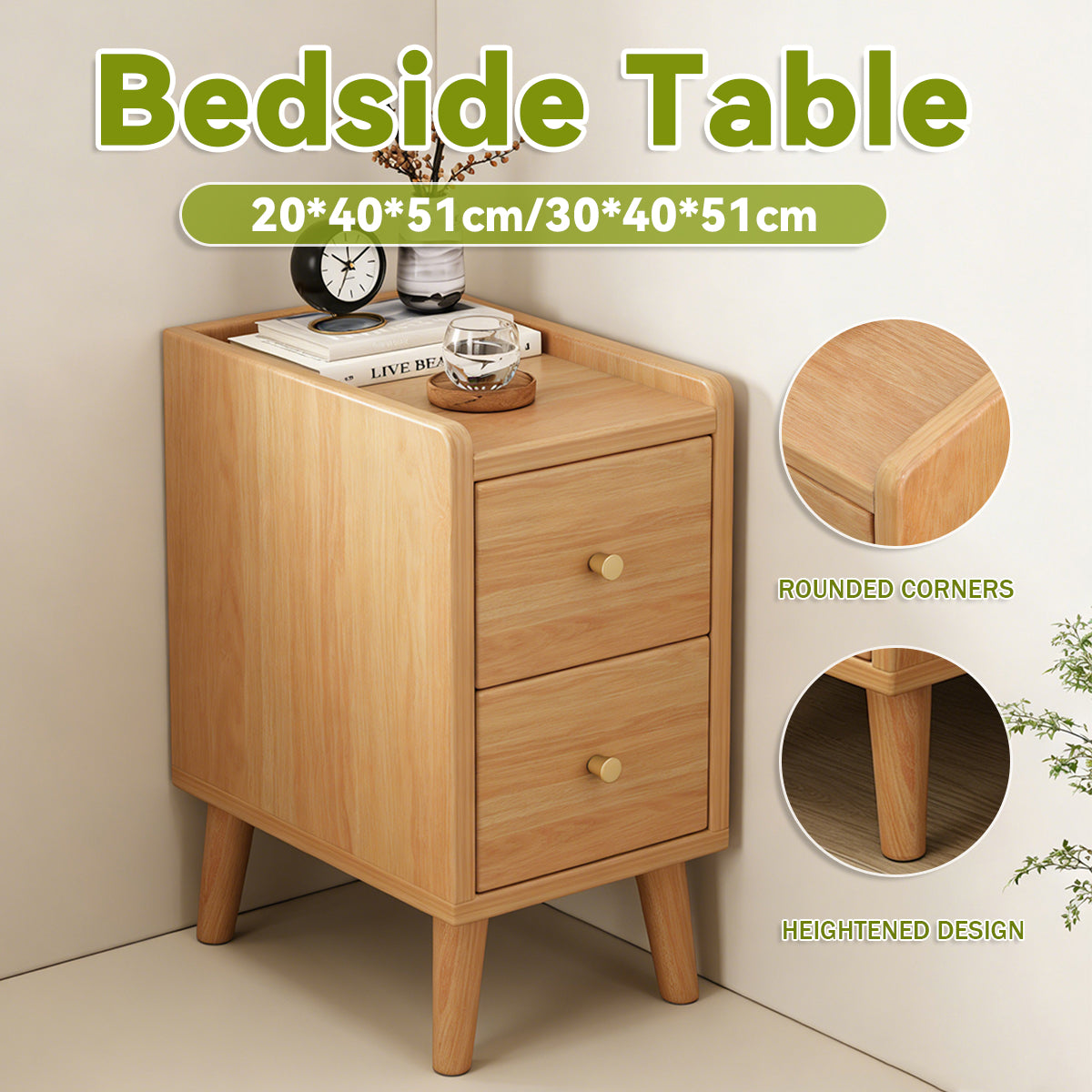Narrow Wooden Bedside Table with 2 Drawers