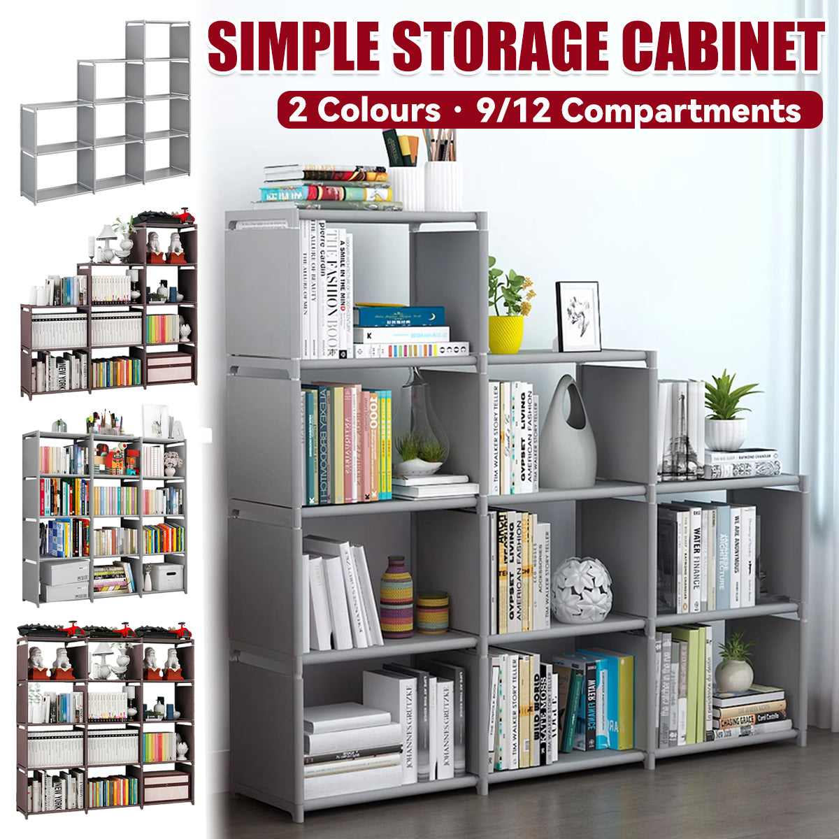 Bookshelf Storage Cabinet Steel Frame 9 or 12 Compartments