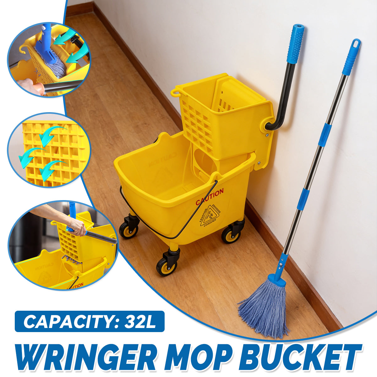 32L Wringer Mop Bucket with Rolling Wheels and Mop