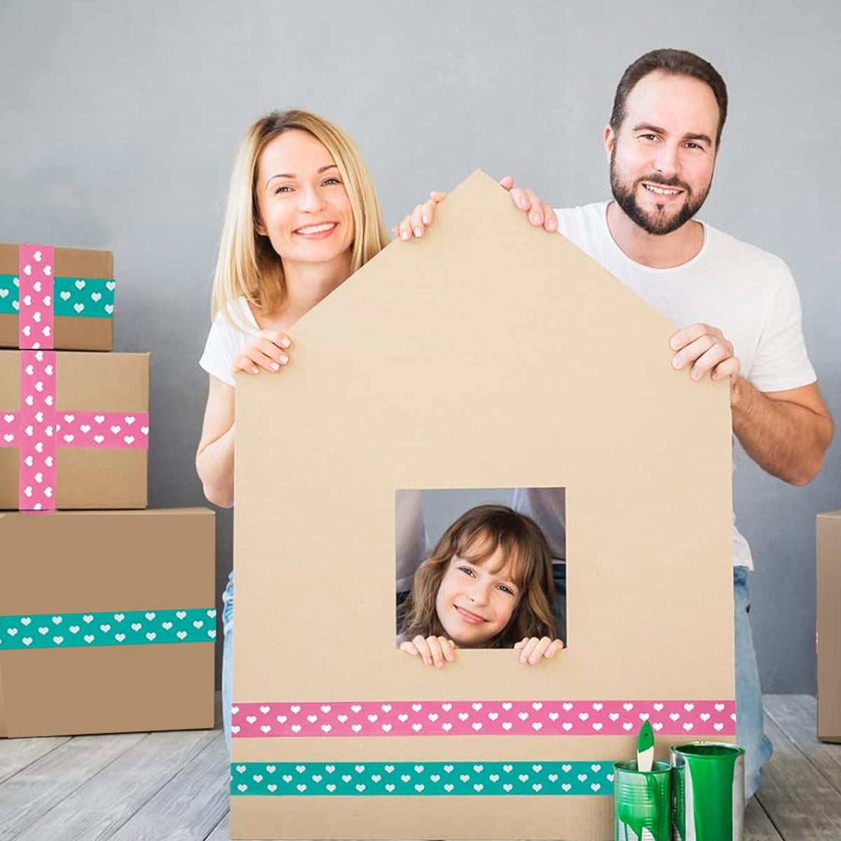 5 Rolls Cute Heart Design Packing Tape Adhesive Set Pink & Blue