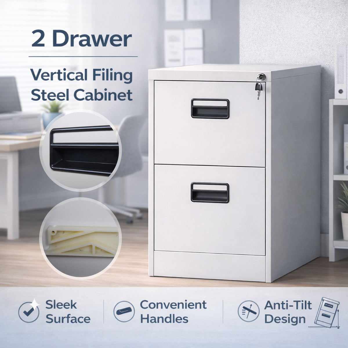 2 Drawer Lockable Steel File Cabinet for Office