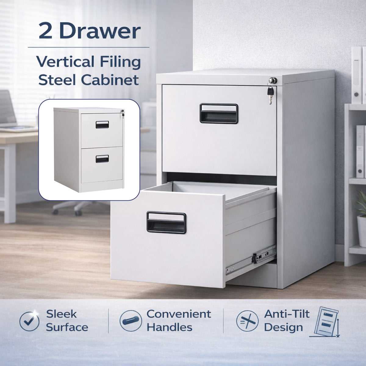 2 Drawer Lockable Steel File Cabinet for Office