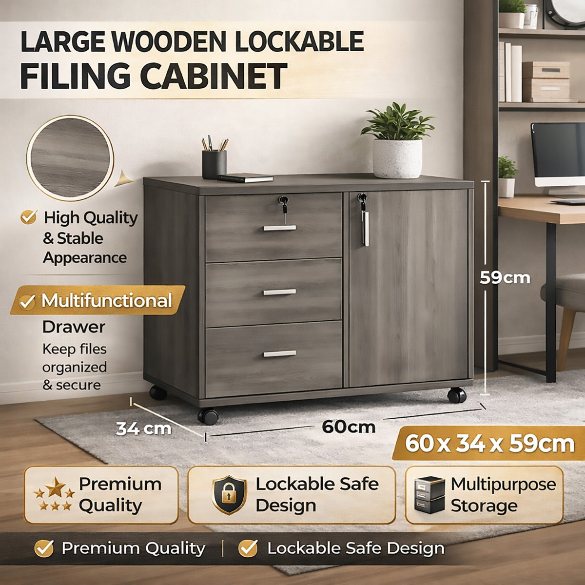 Large Lockable Wooden Office Filing Cabinet