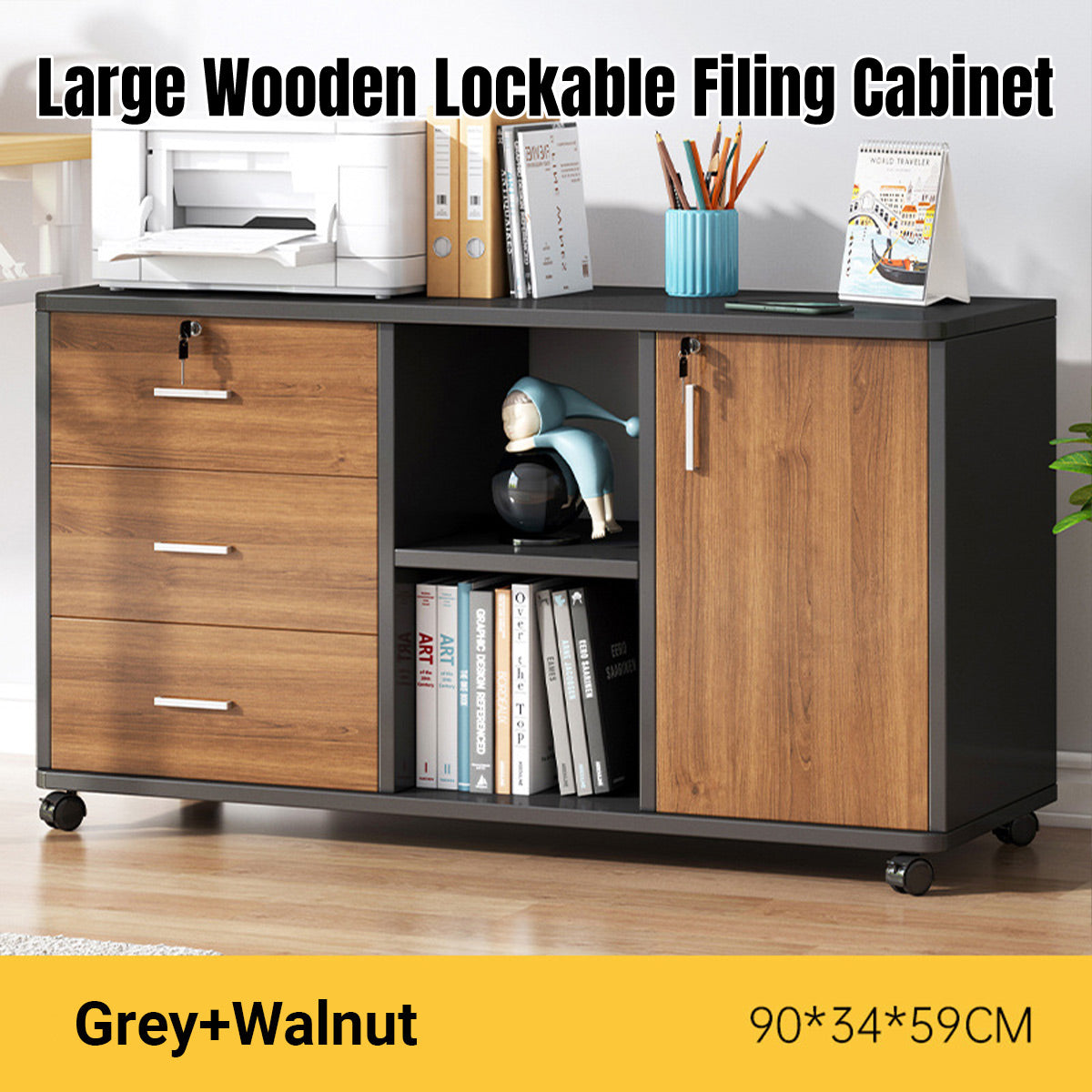 Large Lockable Wooden File Cabinet Bookcase