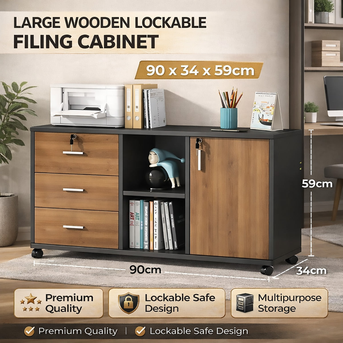 Large Lockable Wooden File Cabinet Bookcase