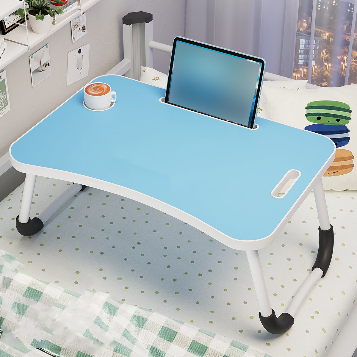 Foldable Bed Side Table with Cup Holder and Device Slot for Home Use