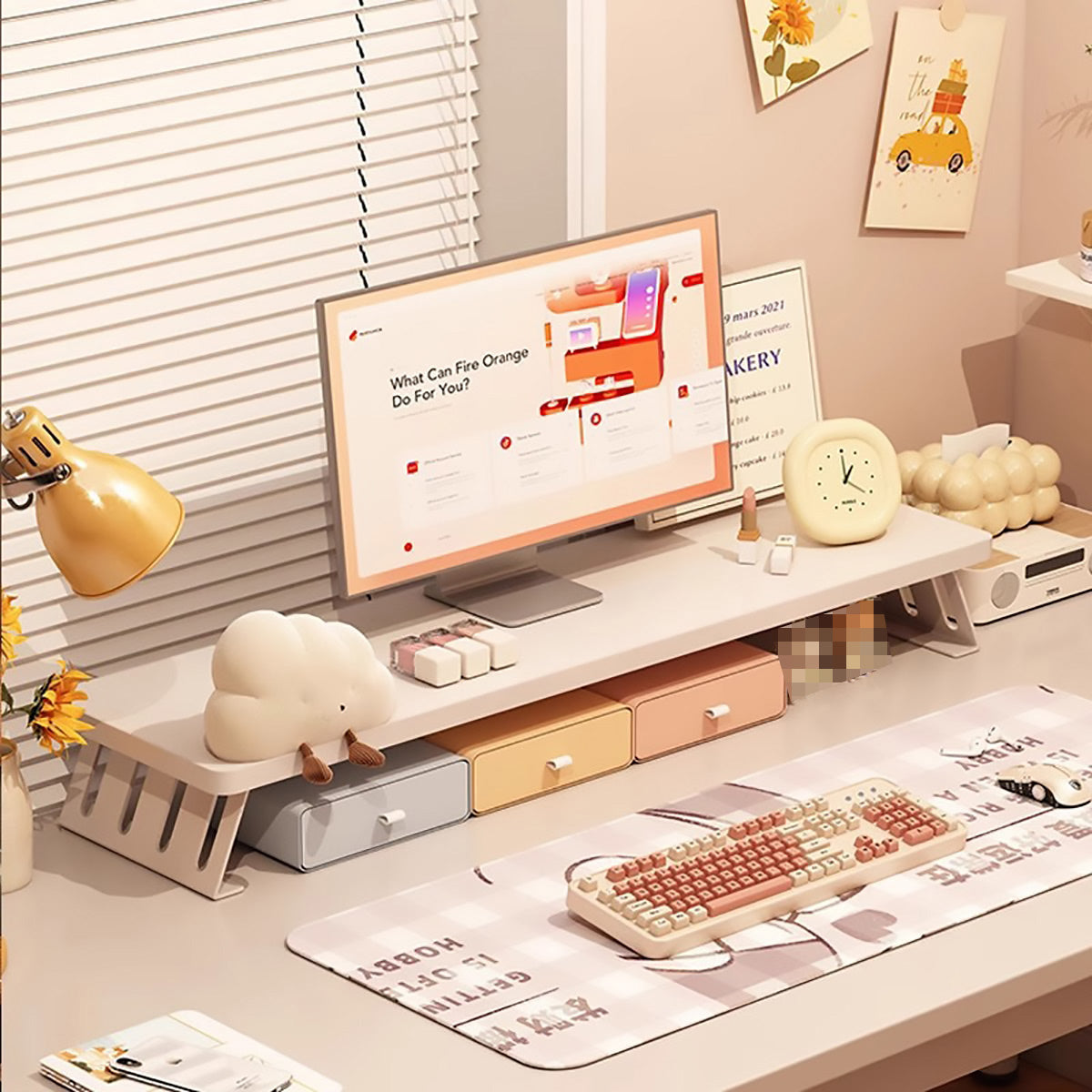 Monitor Riser Stand with Wood-Effect Top for Desk