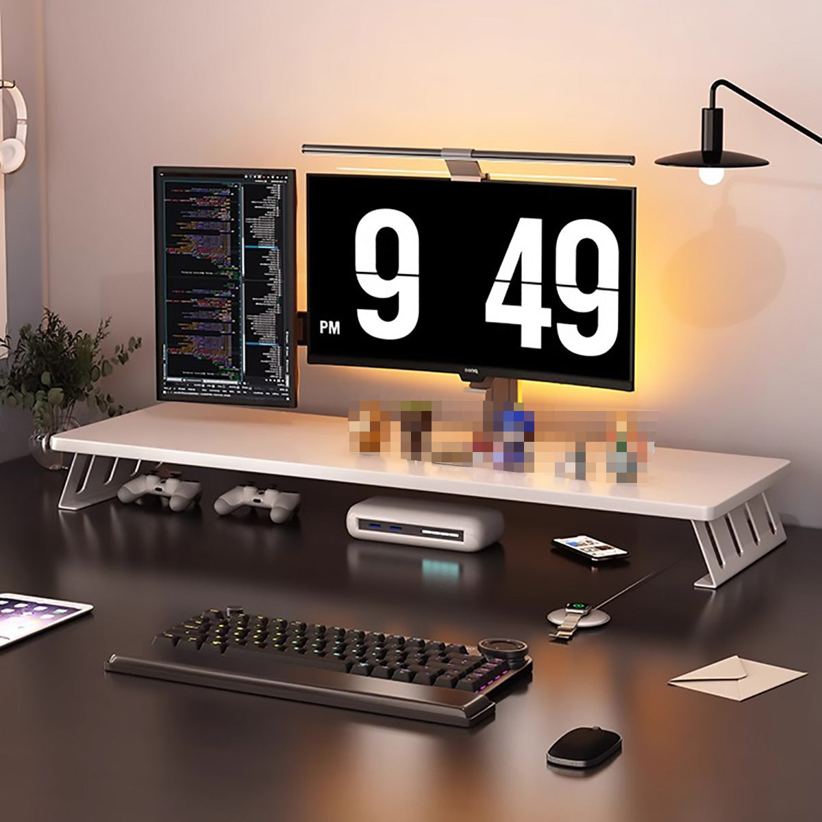 Monitor Riser Stand with Wood-Effect Top for Desk