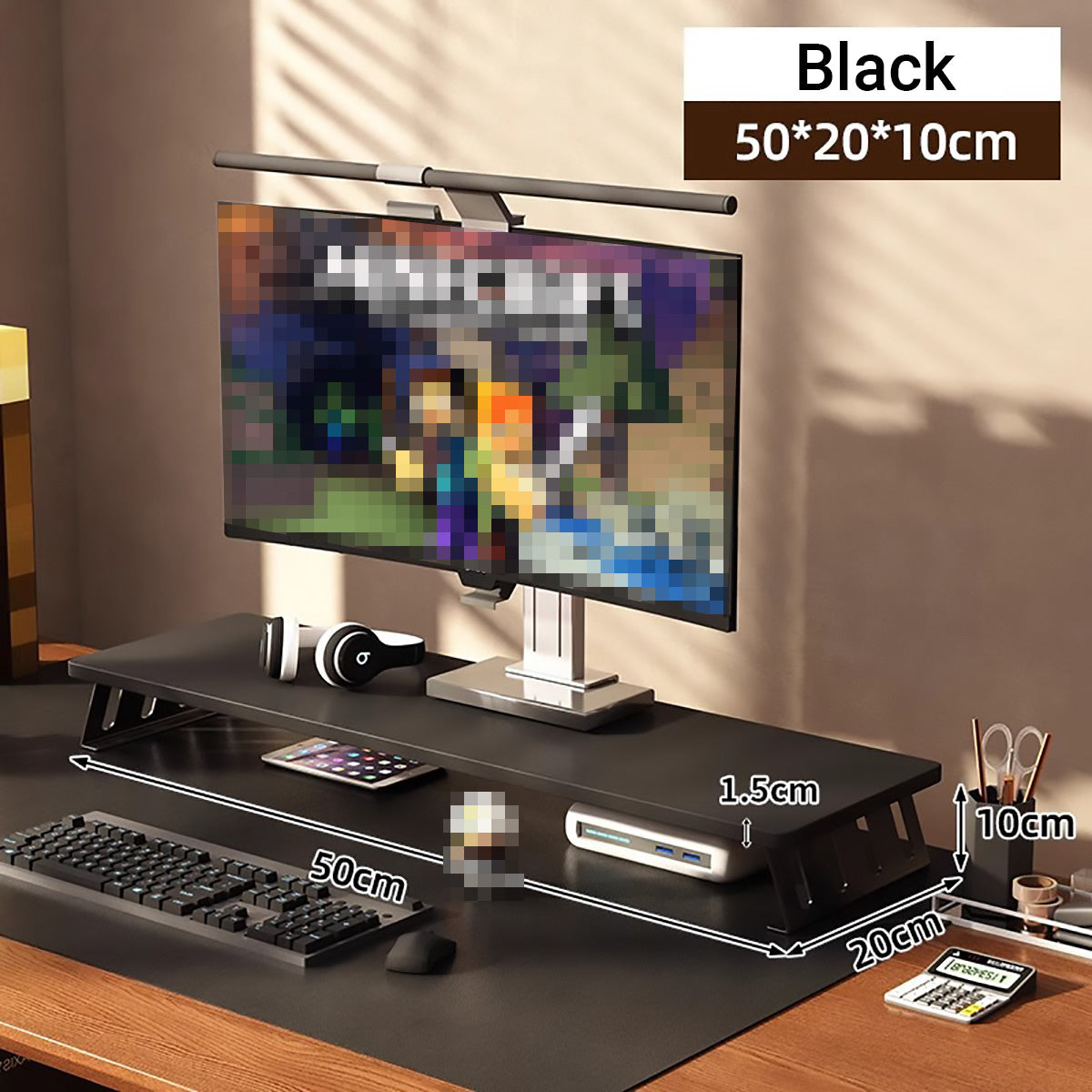 Monitor Riser Stand with Wood-Effect Top for Desk