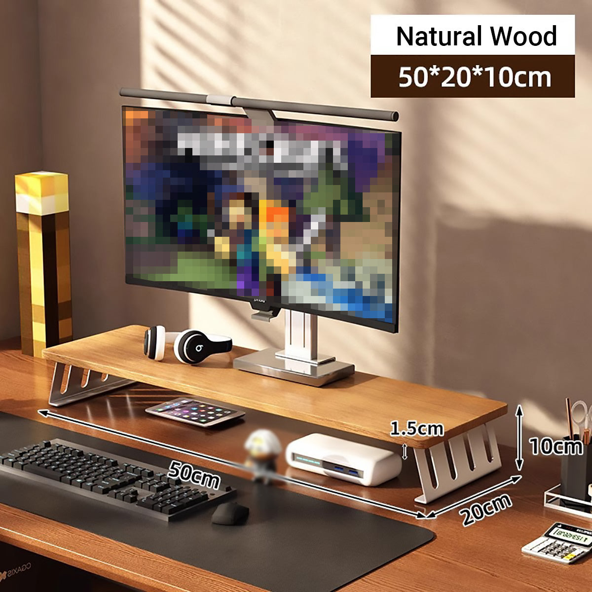 Monitor Riser Stand with Wood-Effect Top for Desk