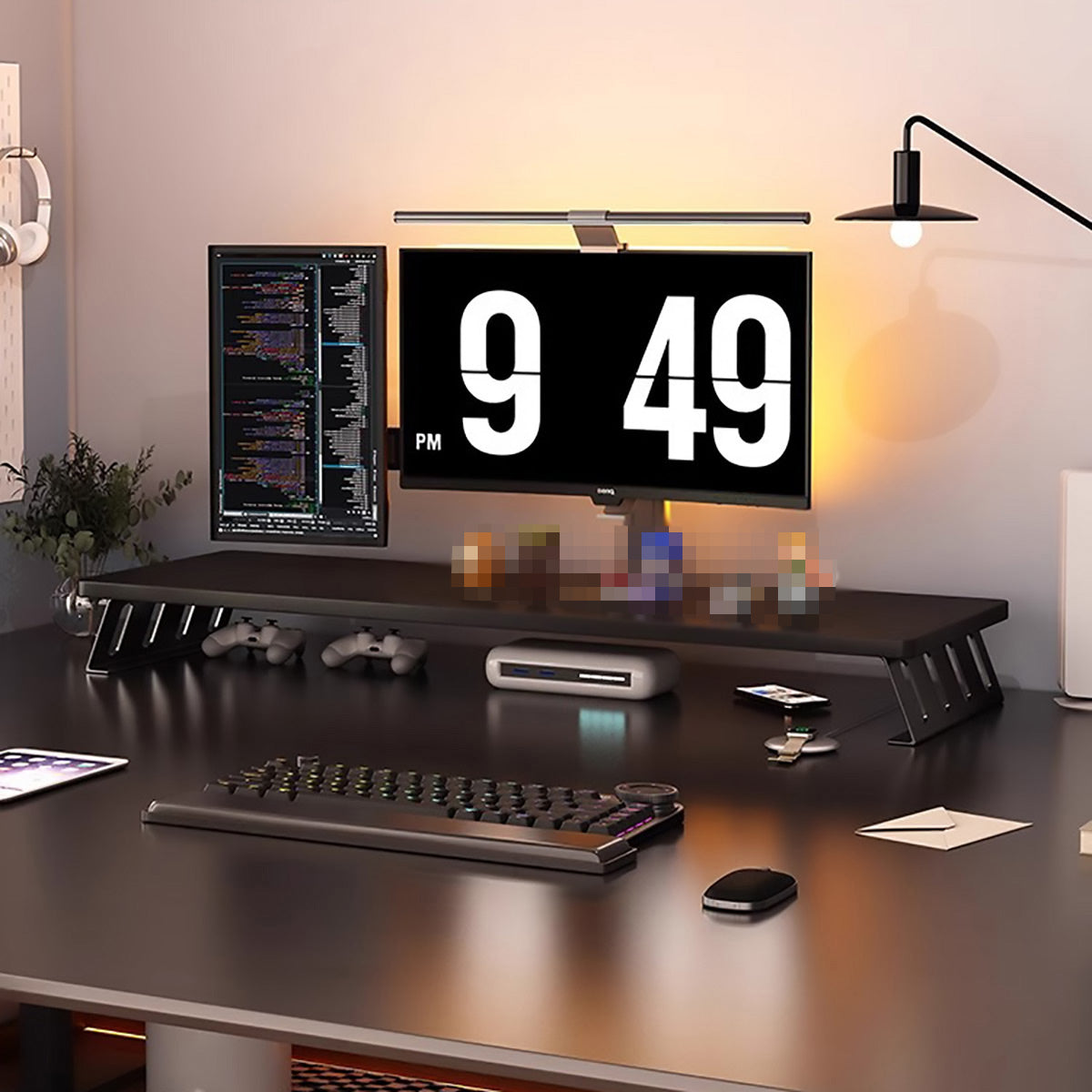 Monitor Riser Stand with Wood-Effect Top for Desk