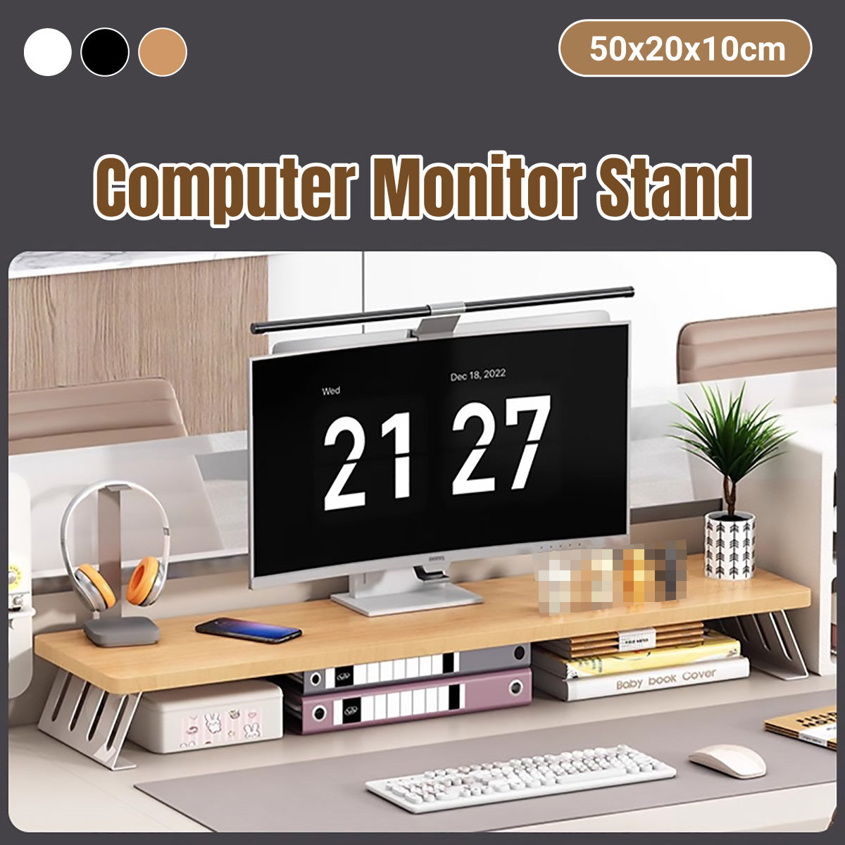 Monitor Riser Stand with Wood-Effect Top for Desk