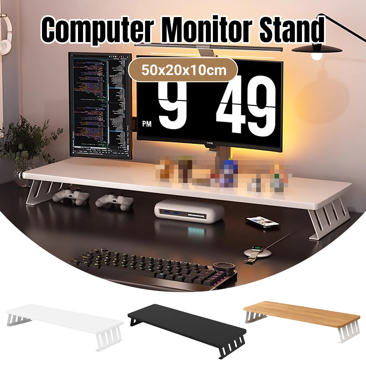 Monitor Riser Stand with Wood-Effect Top for Desk