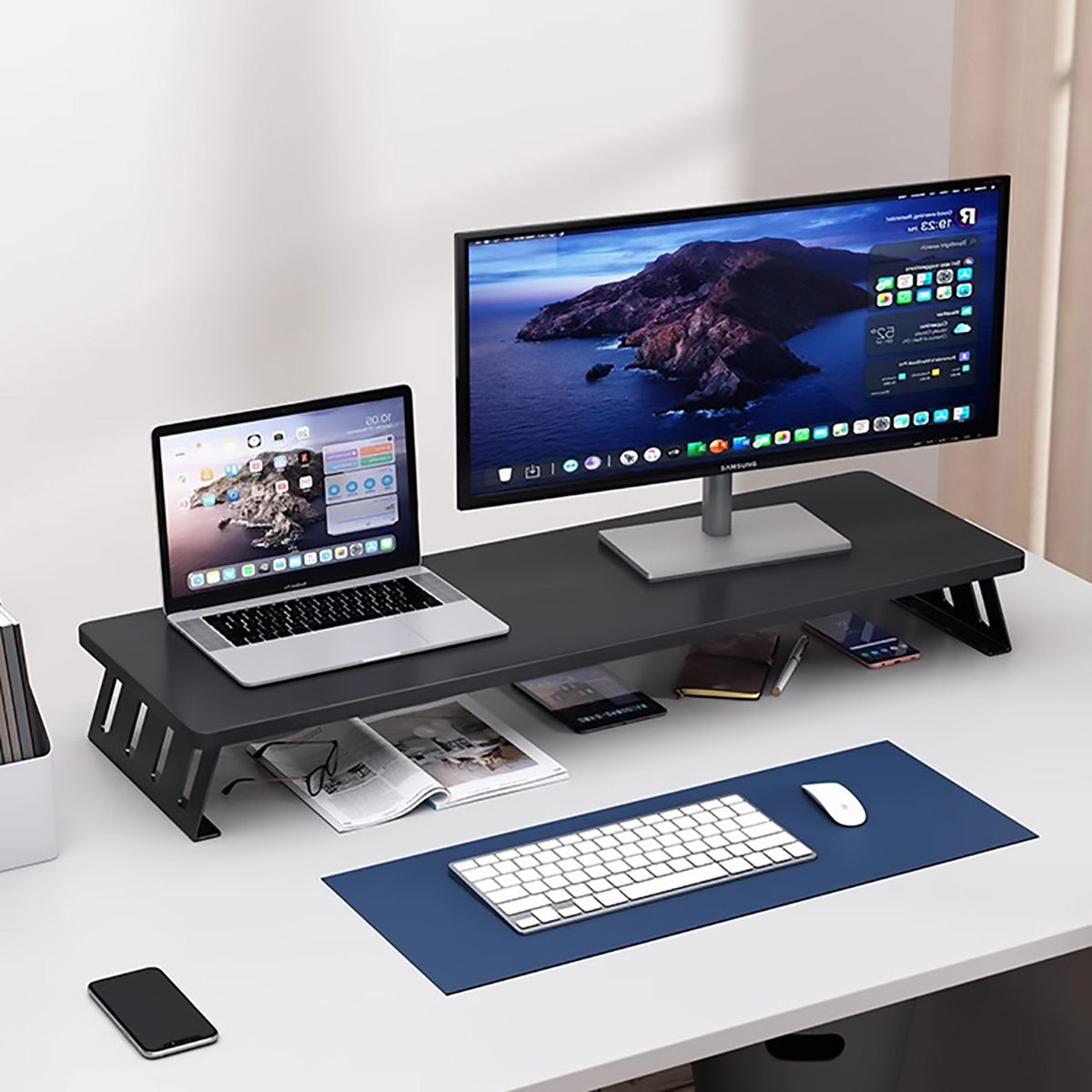Monitor Riser Stand with Wood-Effect Top for Desk