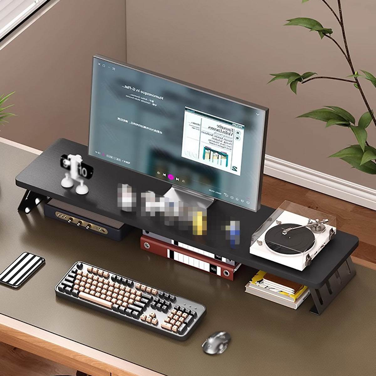 Monitor Riser Stand with Wood-Effect Top for Desk