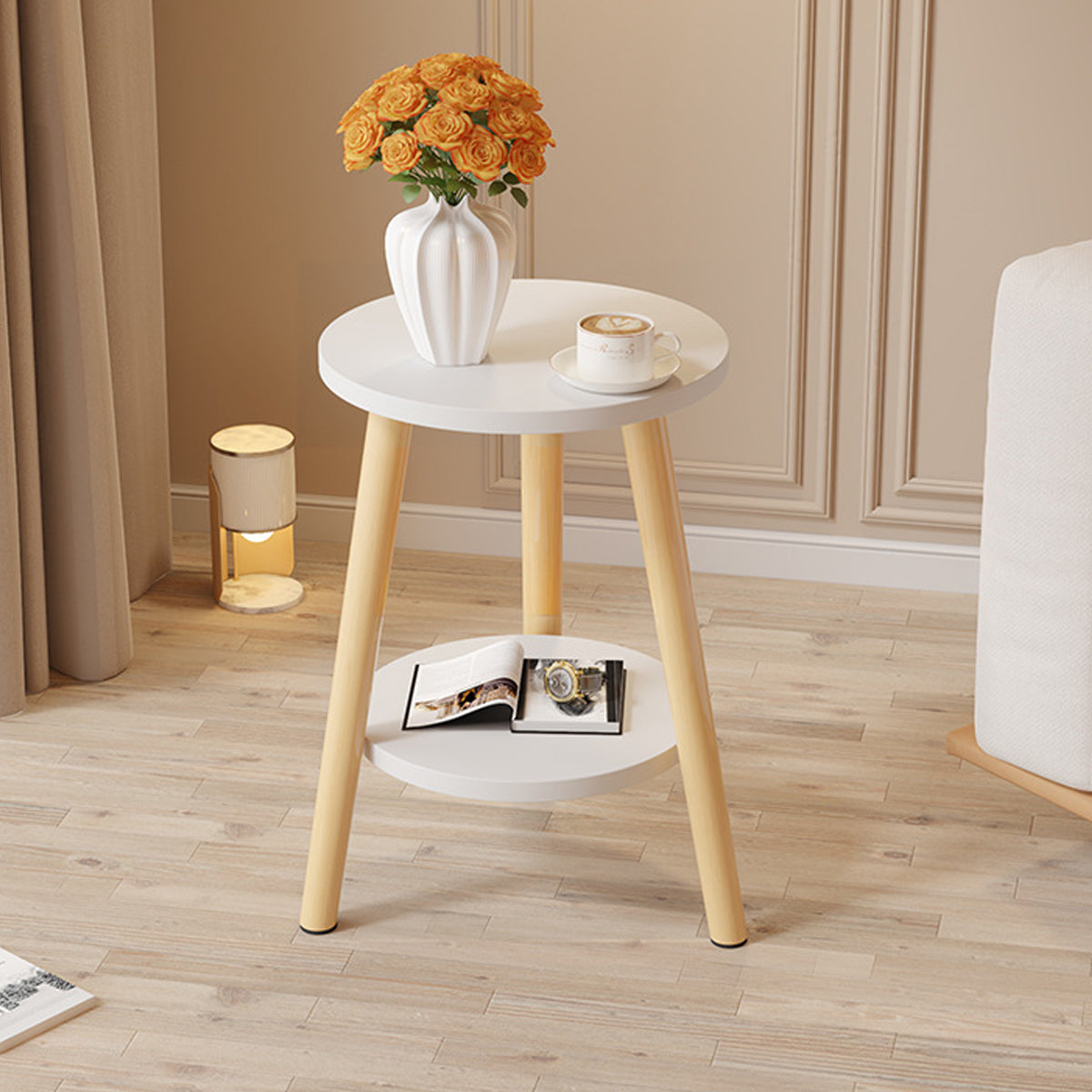 Small Round Coffee Table with 2-Tier Storage for Bedroom and Living Room