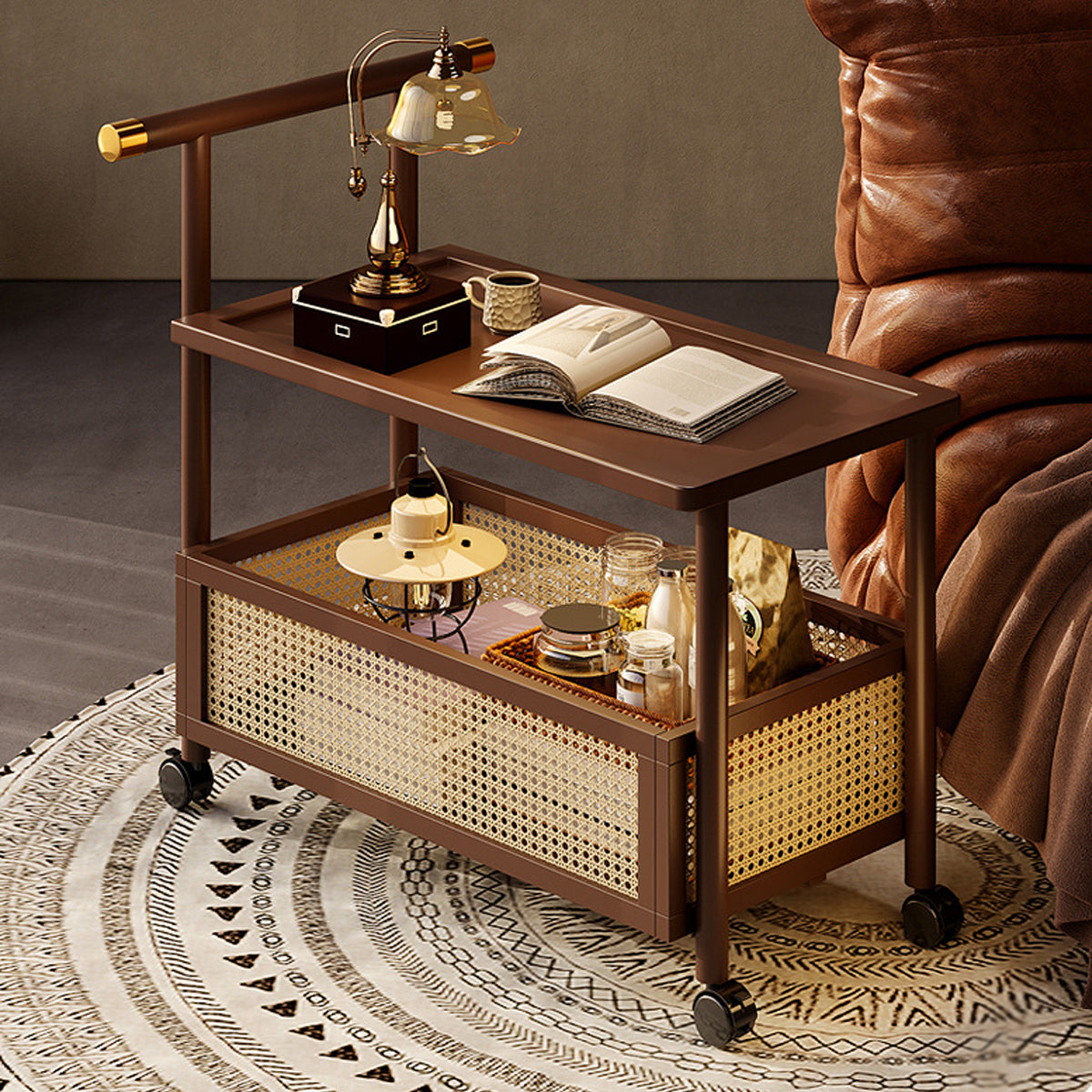 Bamboo Mobile Coffee Table with Wheels and Storage Shelf