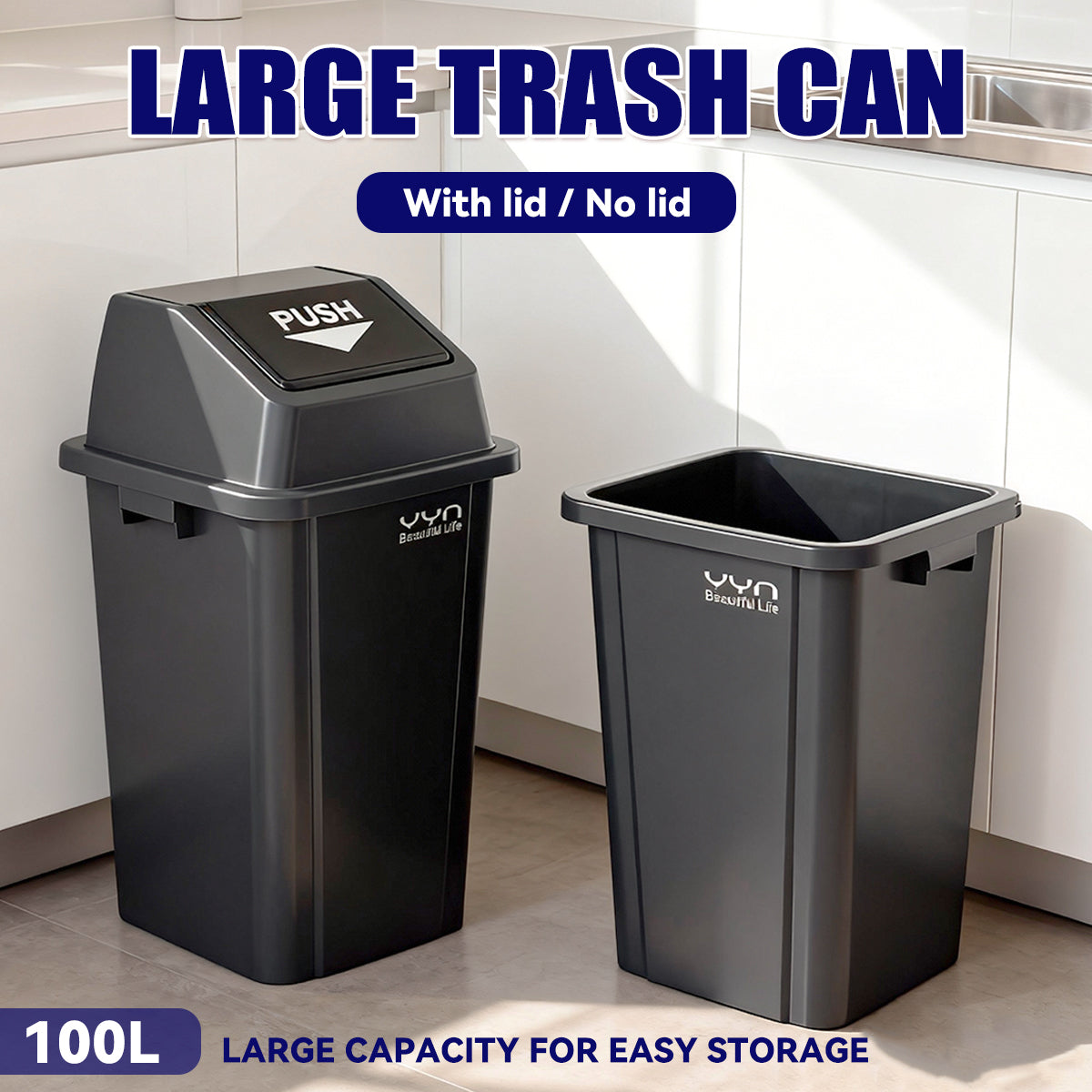 100L Square Trash Can with Handle and Lid Option