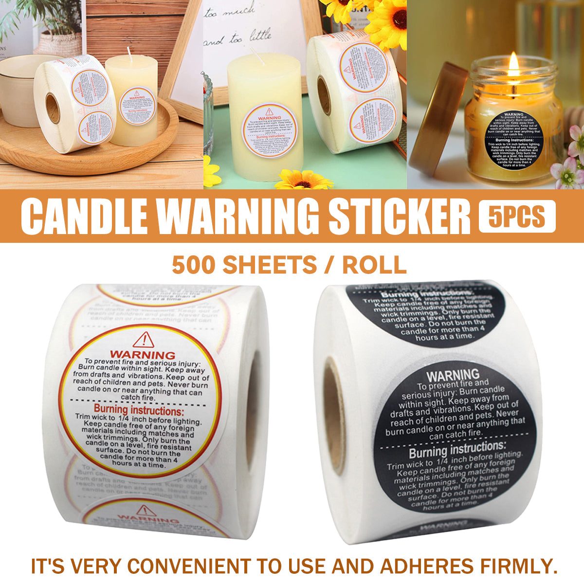 5 Rolls Candle Warning Stickers Fire Safety Decals