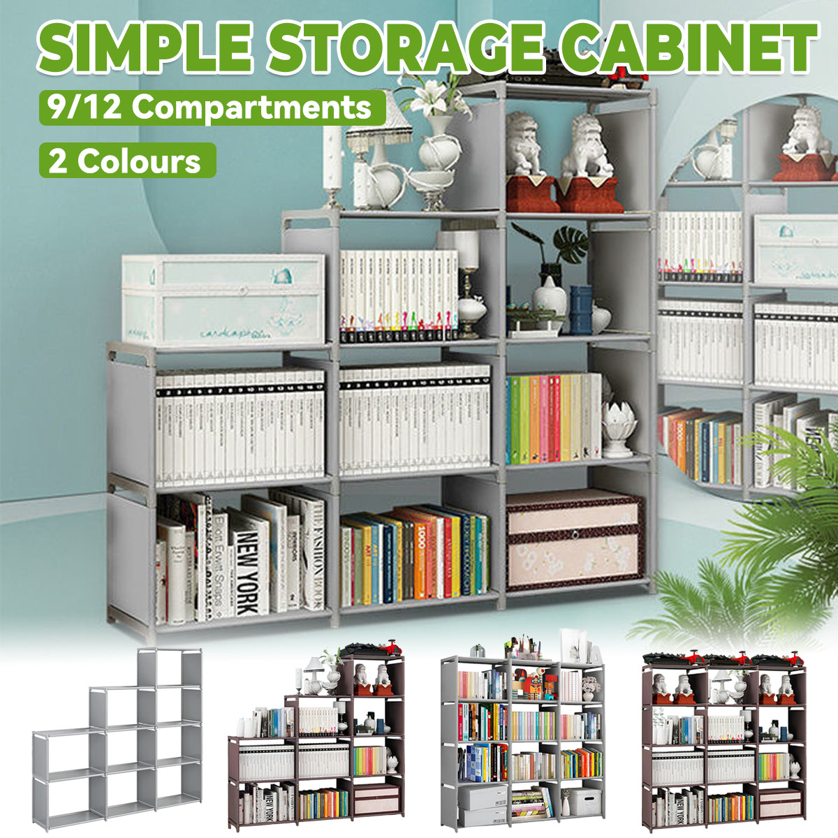 Bookshelf Storage Cabinet Steel Frame 9 or 12 Compartments
