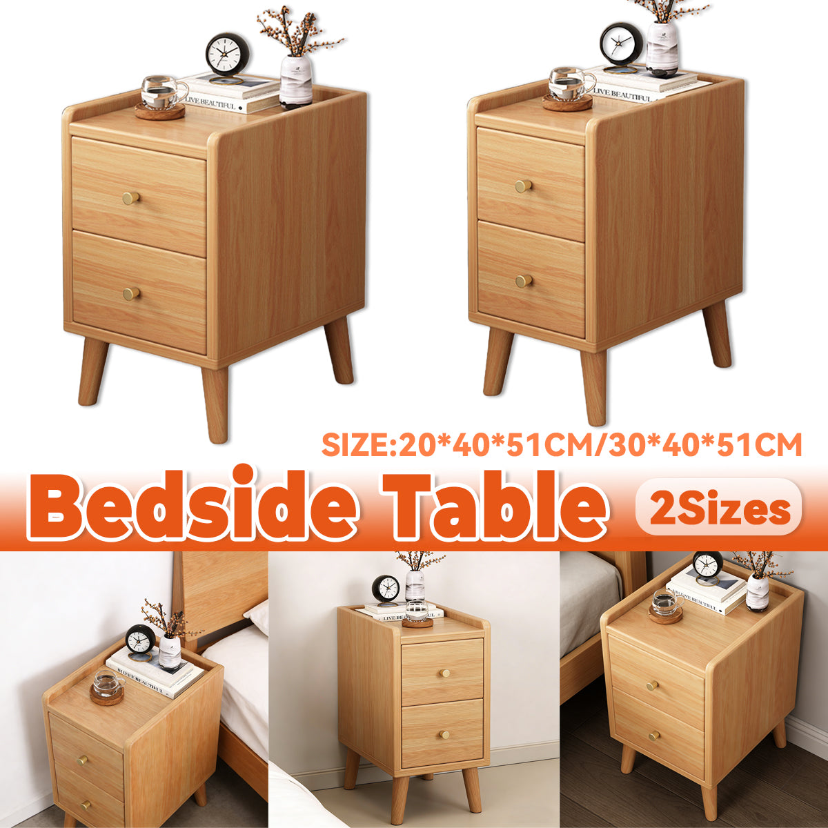 Narrow Wooden Bedside Table with 2 Drawers