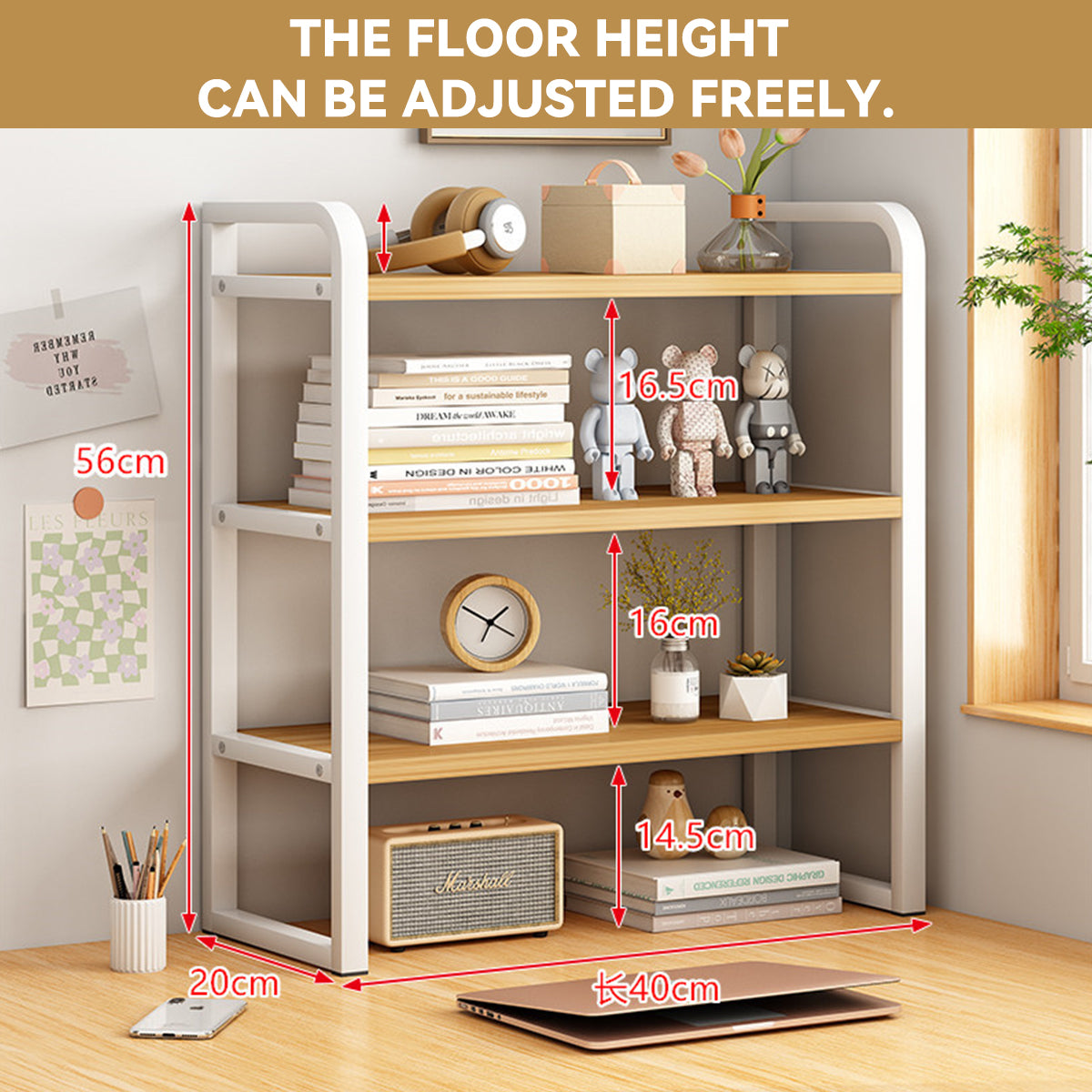 3-Tier Desktop Storage Rack Steel Frame for Books