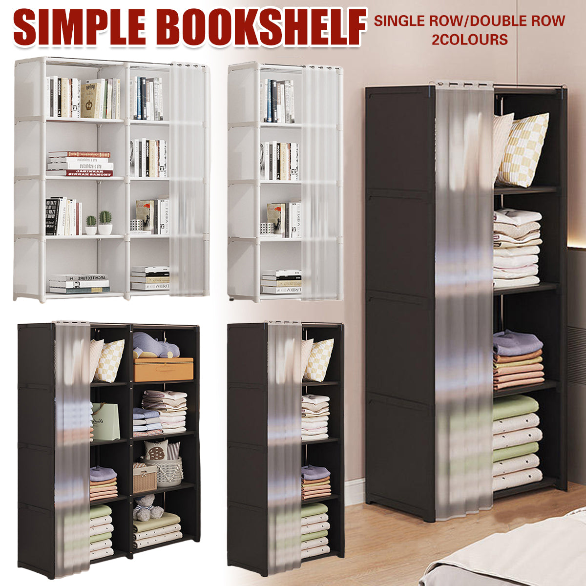 Versatile Bookshelf Storage Rack with Dust Proof Curtain