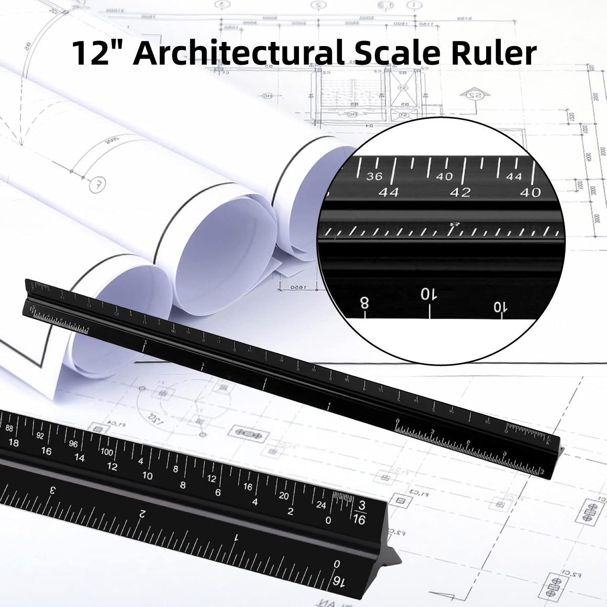 12-Inch Black Triangular Architect Ruler Engraved