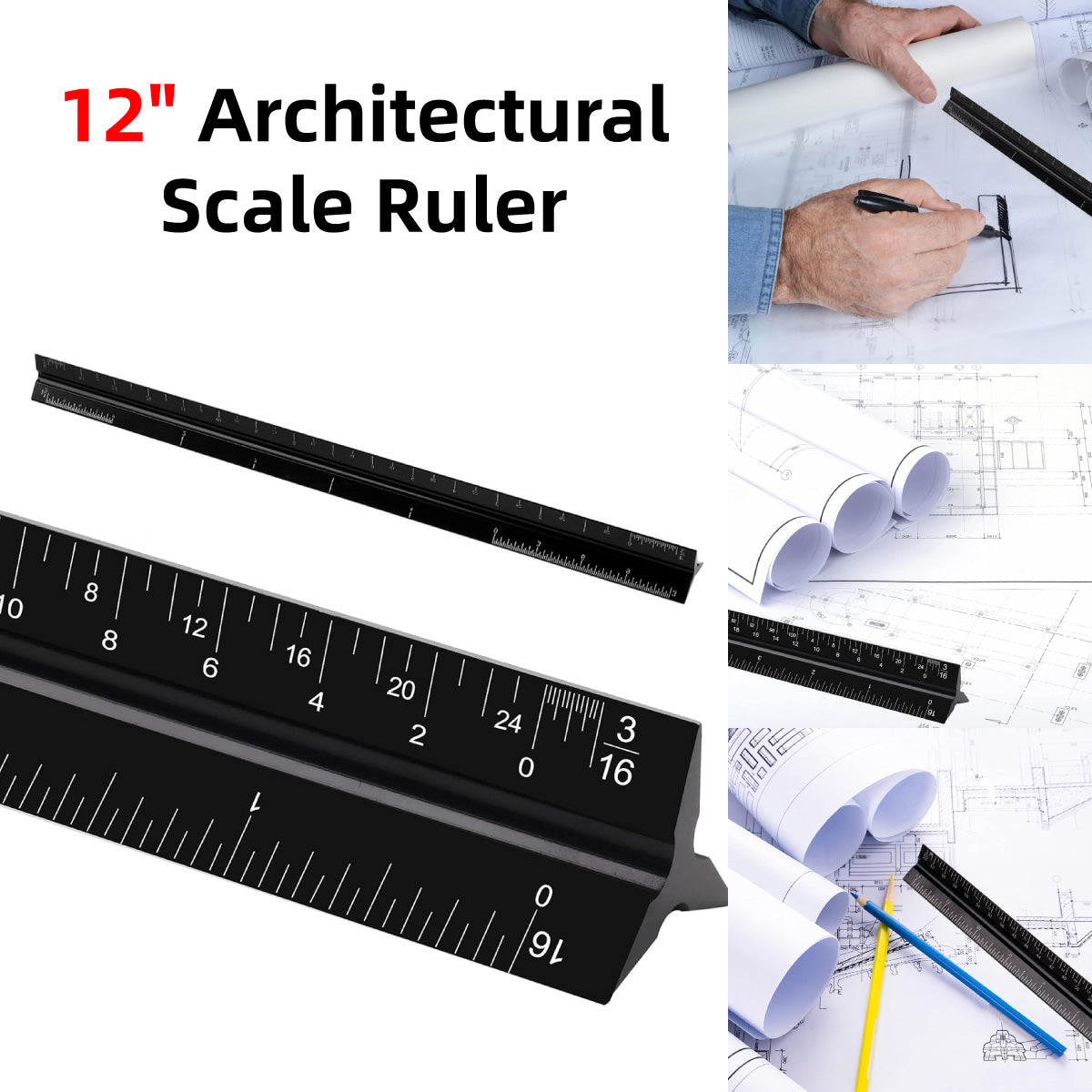 12-Inch Black Triangular Architect Ruler Engraved