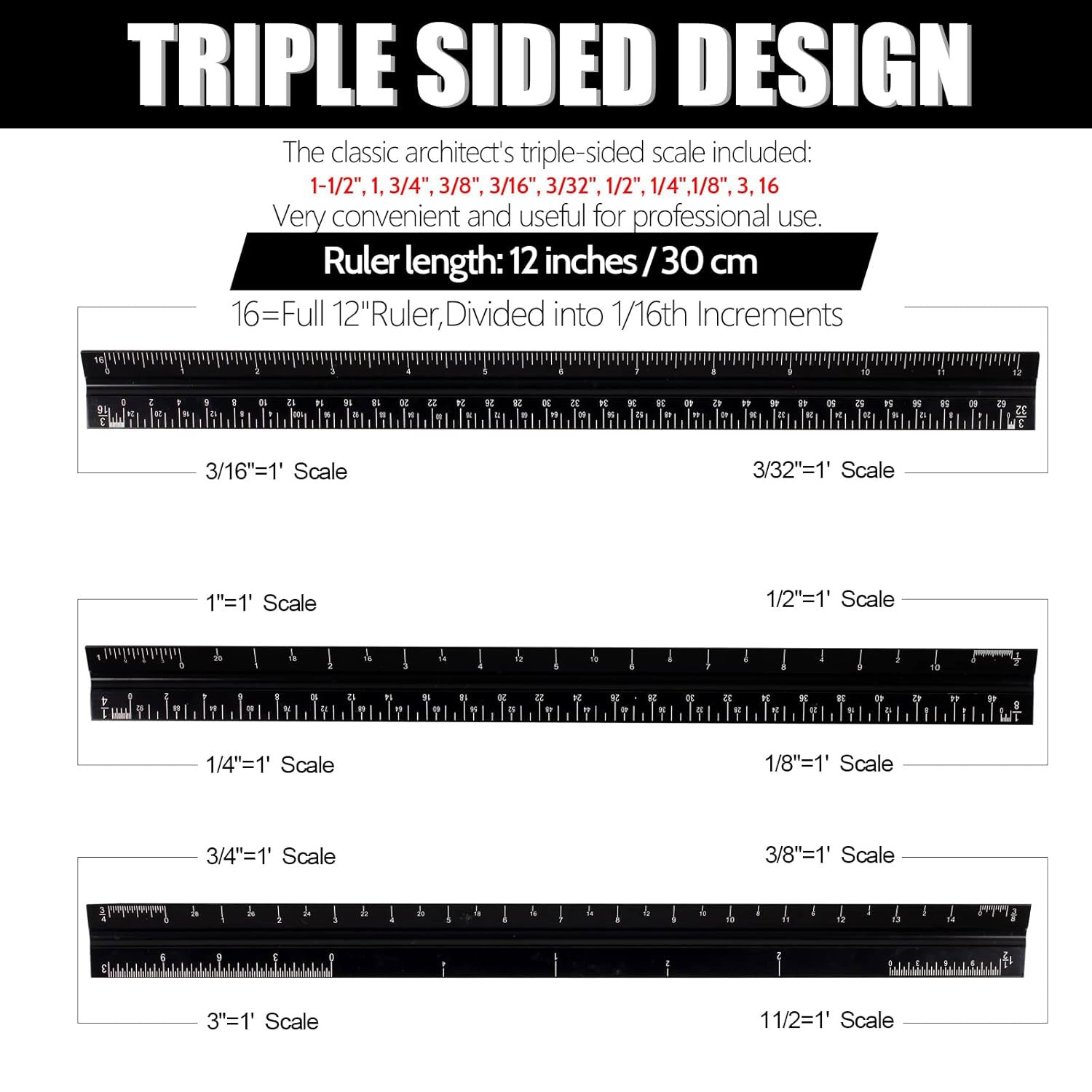 12-Inch Black Triangular Architect Ruler Engraved