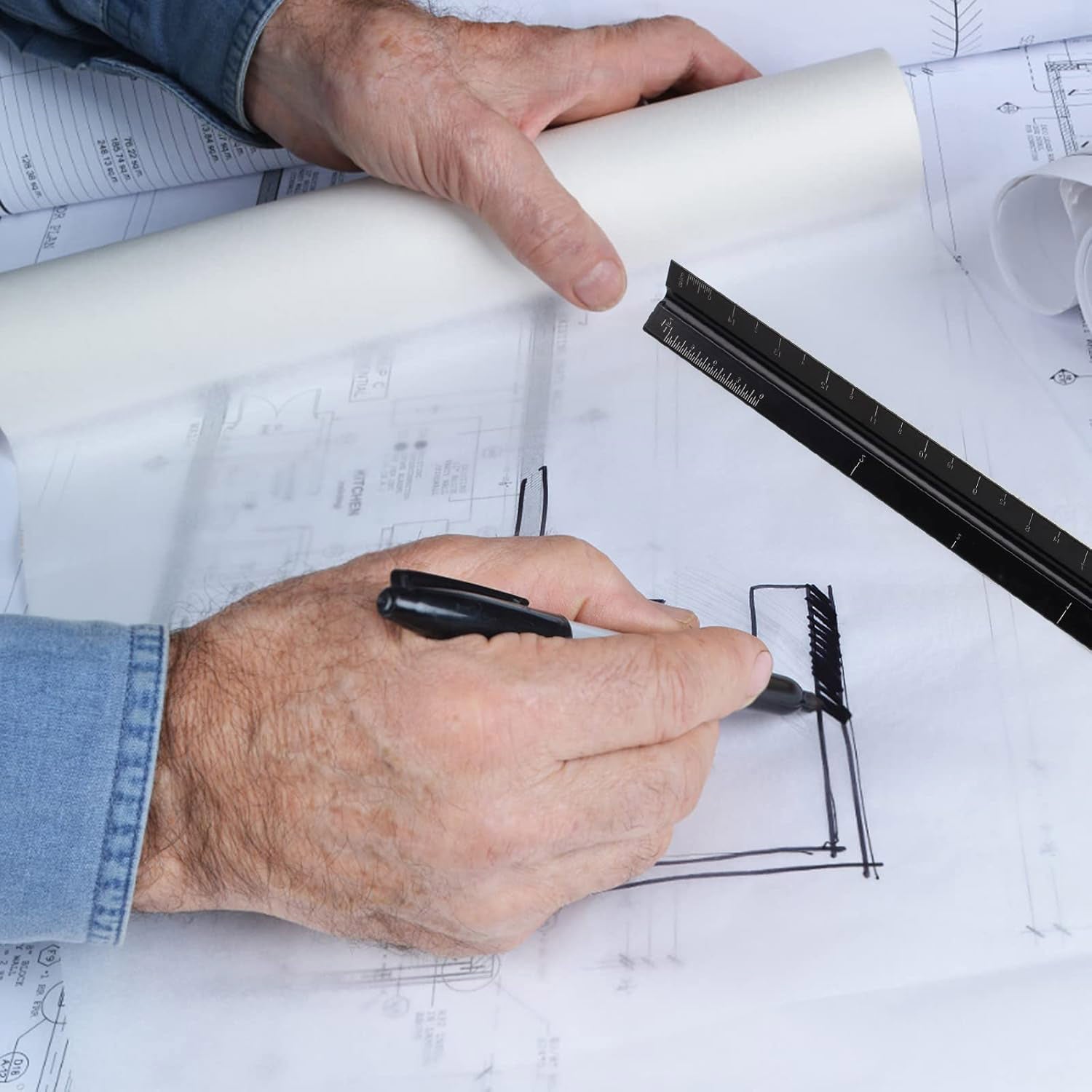 12-Inch Black Triangular Architect Ruler Engraved