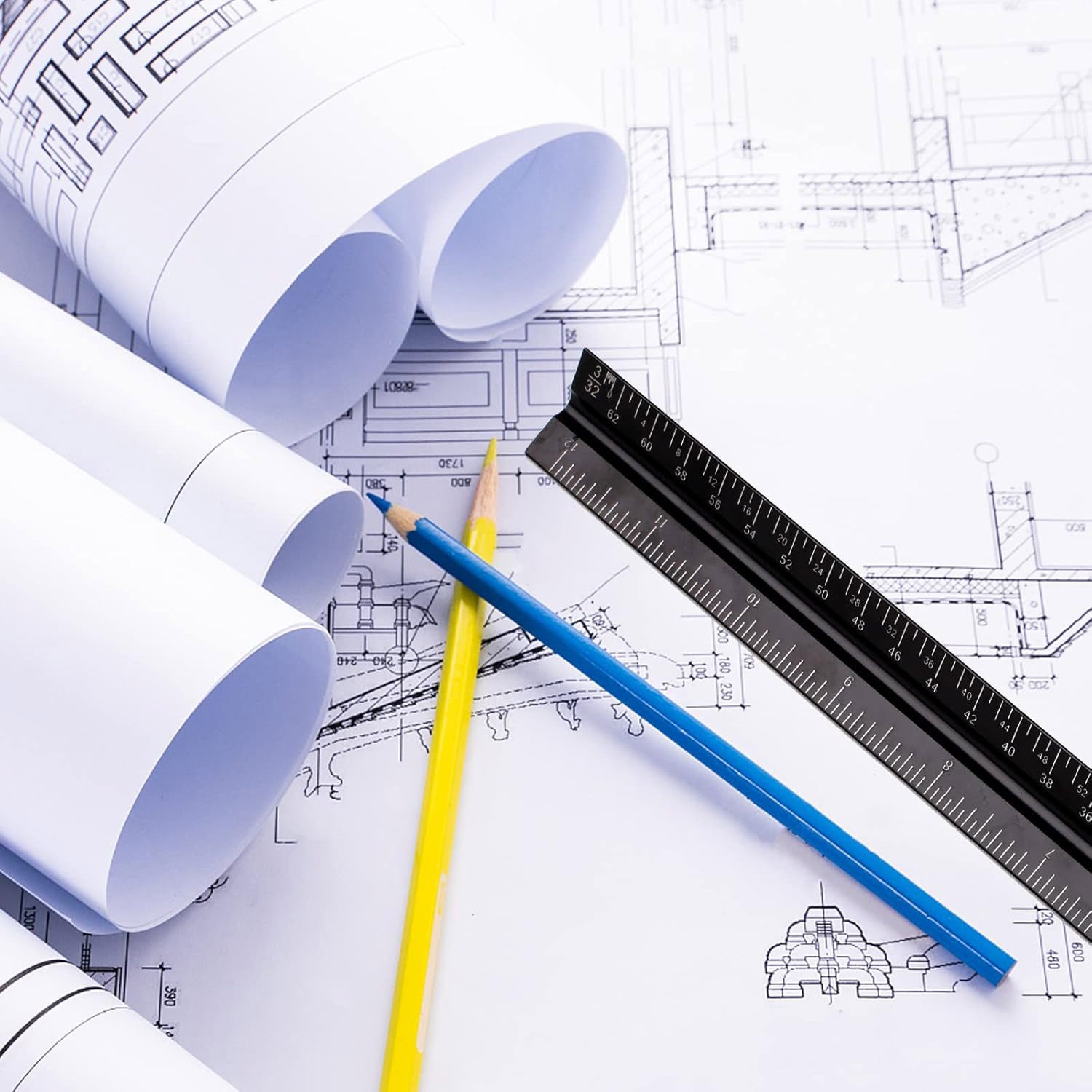 12-Inch Black Triangular Architect Ruler Engraved