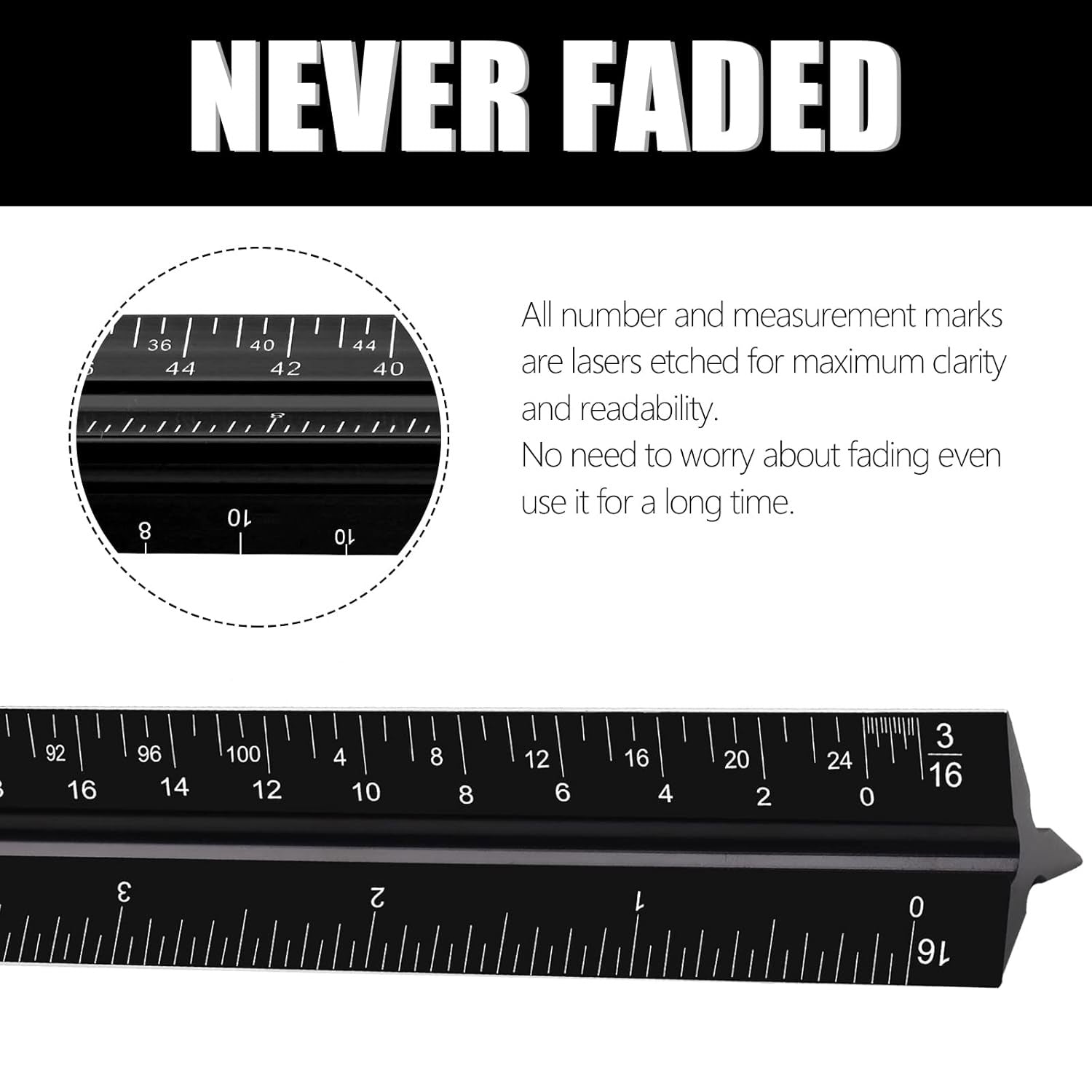 12-Inch Black Triangular Architect Ruler Engraved