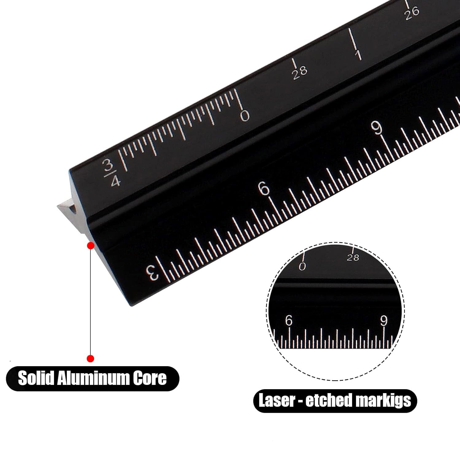 12-Inch Black Triangular Architect Ruler Engraved