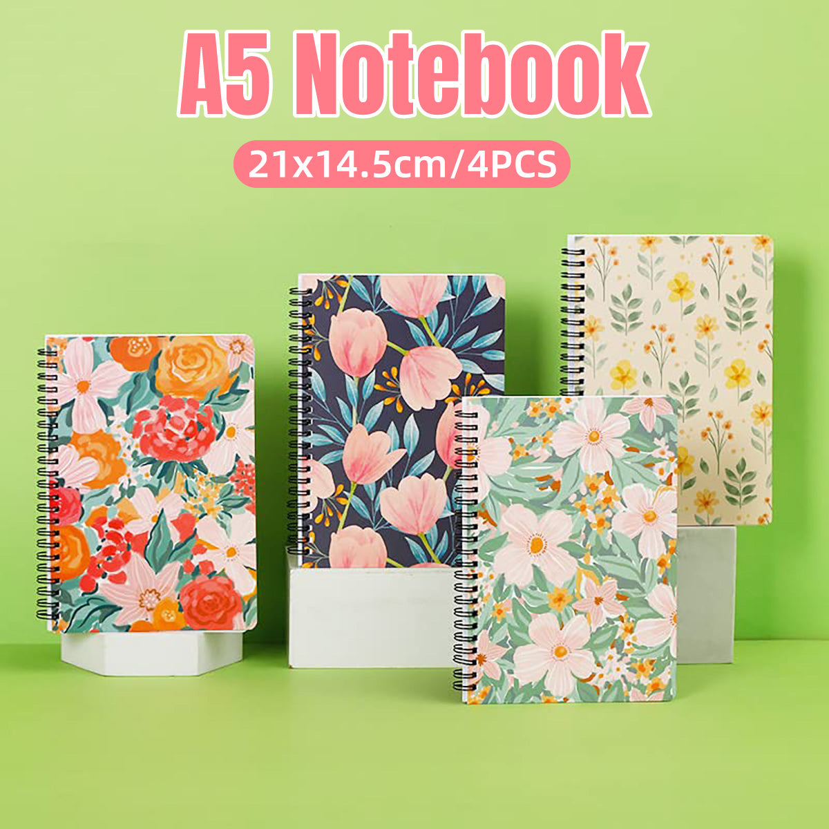 4 Pcs Spiral Notebooks Floral Covers Sturdy Spiral Binding