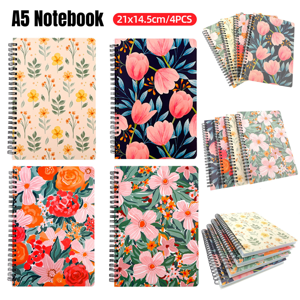 4 Pcs Spiral Notebooks Floral Covers Sturdy Spiral Binding