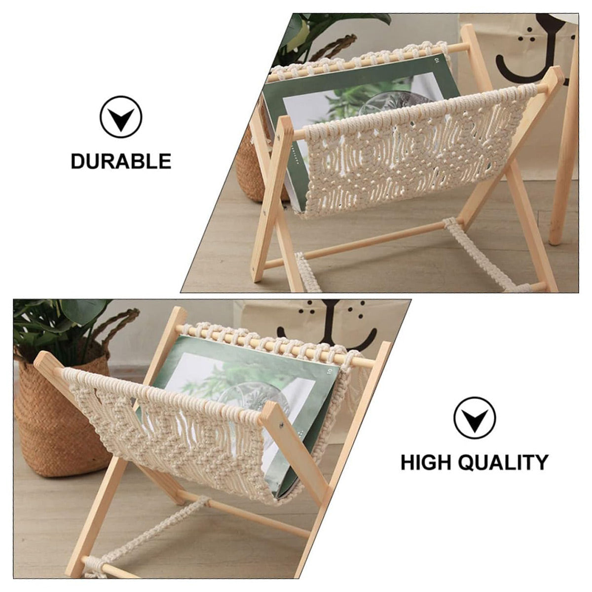 Foldable Cotton Rope Magazine Rack with Wood Frame