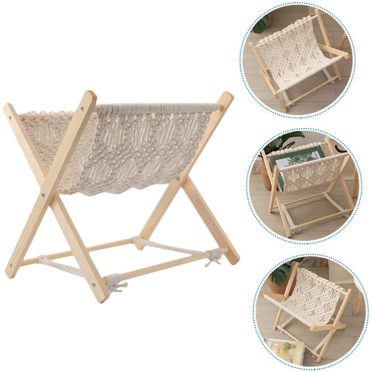 Foldable Cotton Rope Magazine Rack with Wood Frame