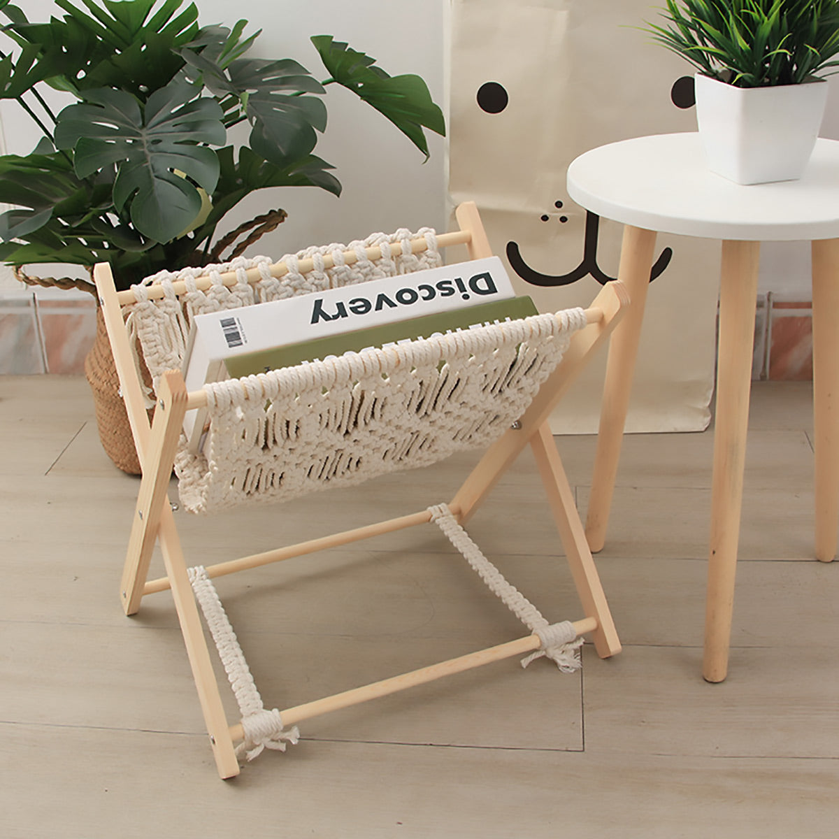 Foldable Cotton Rope Magazine Rack with Wood Frame