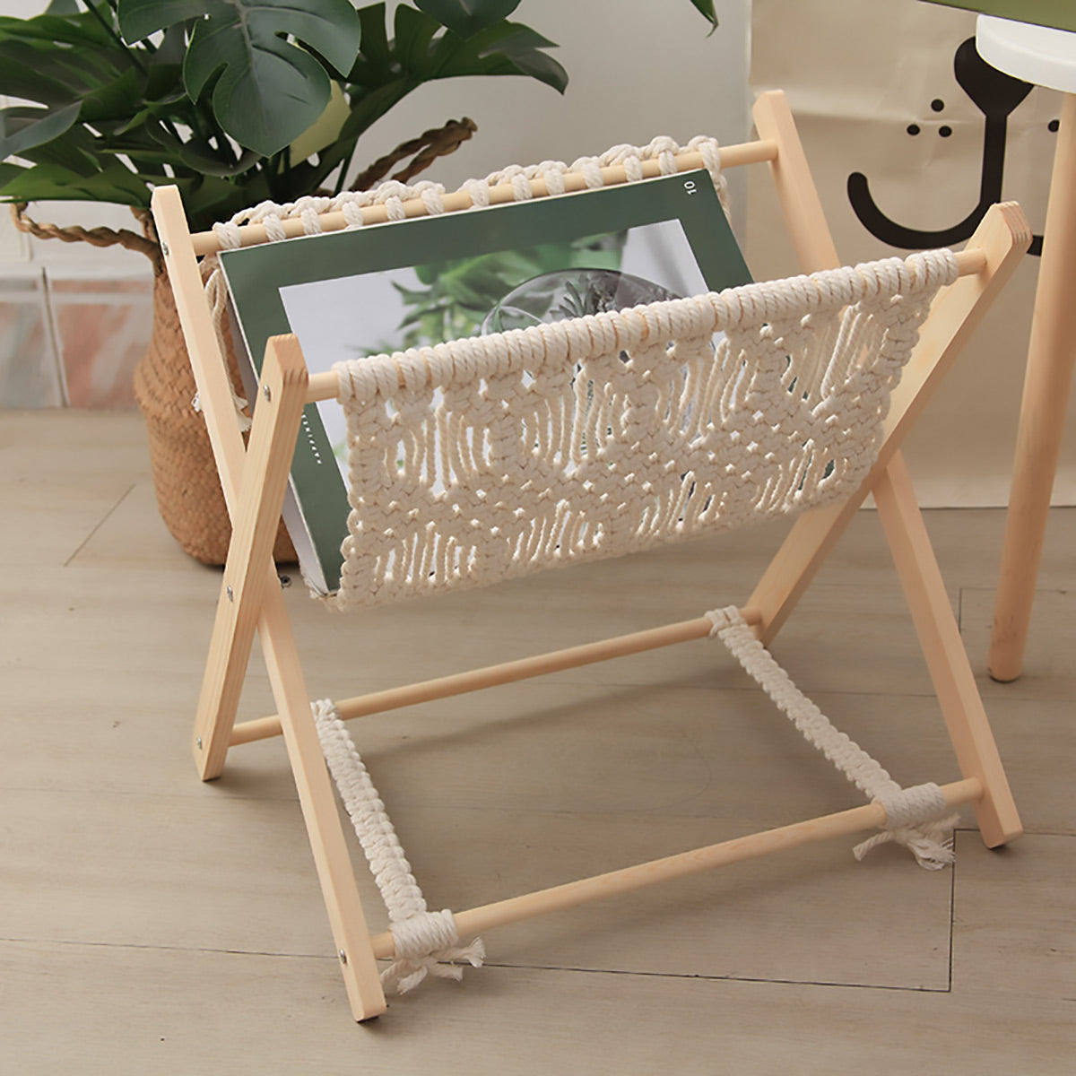 Foldable Cotton Rope Magazine Rack with Wood Frame