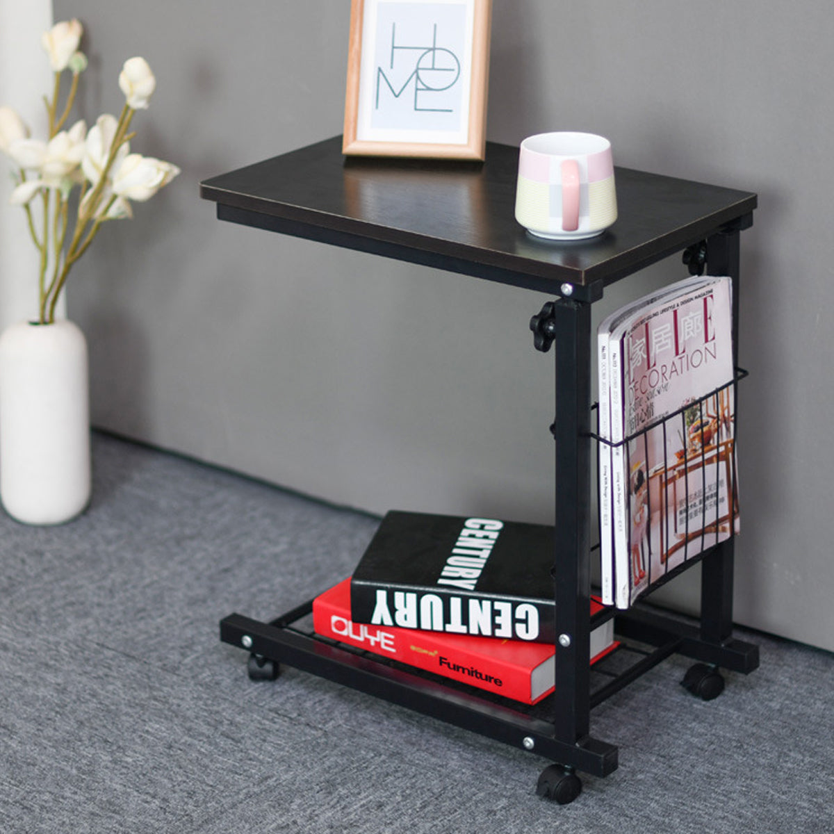 Mobile Adjustable Side Table with Storage Basket and Shelf