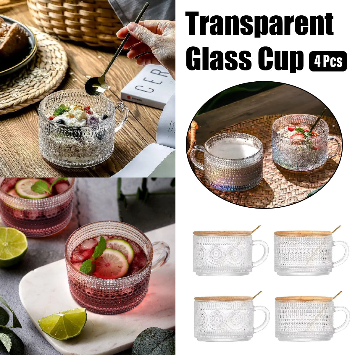 4pcs Embossed Glass Coffee Cups 14oz with Lids