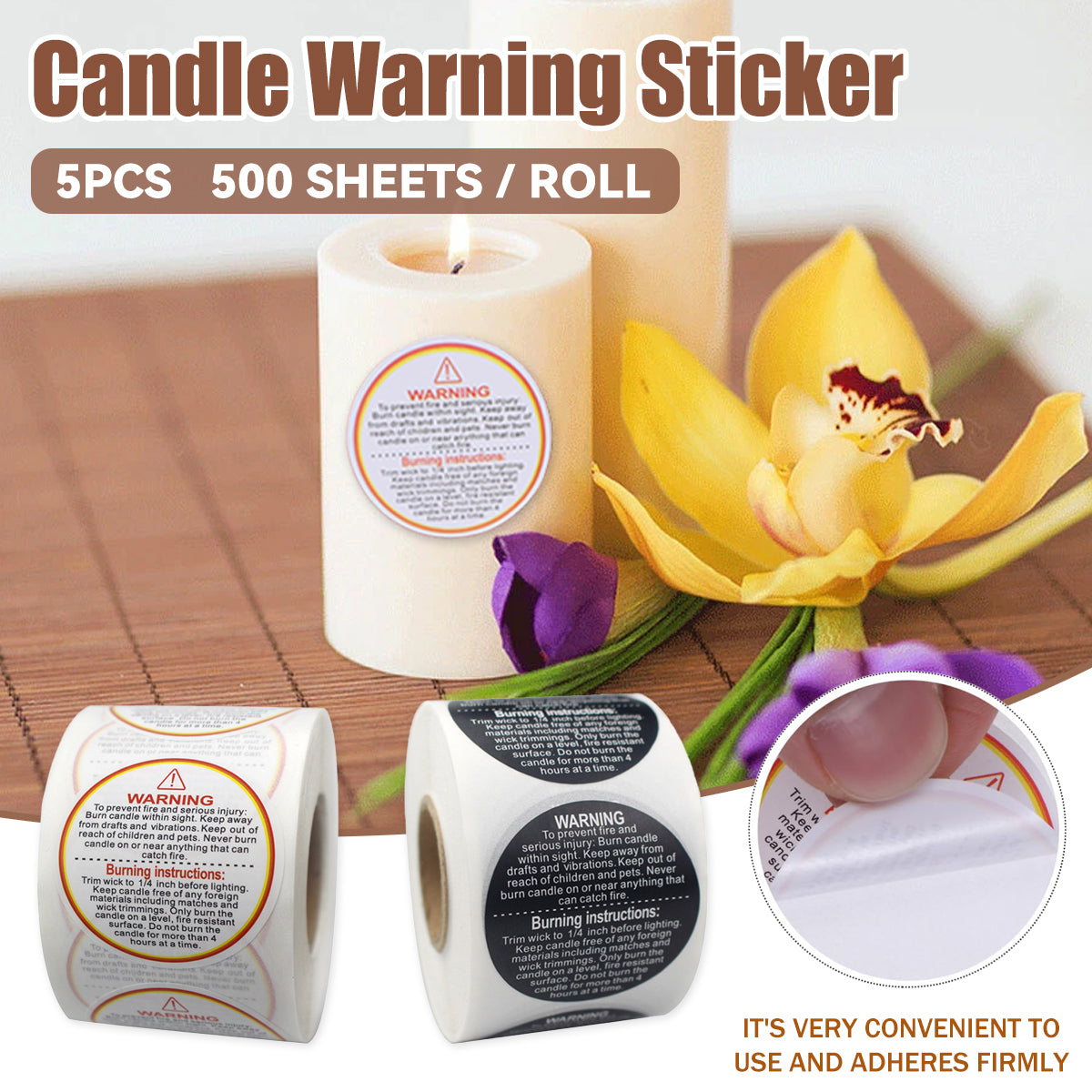 5 Rolls Candle Warning Stickers Fire Safety Decals
