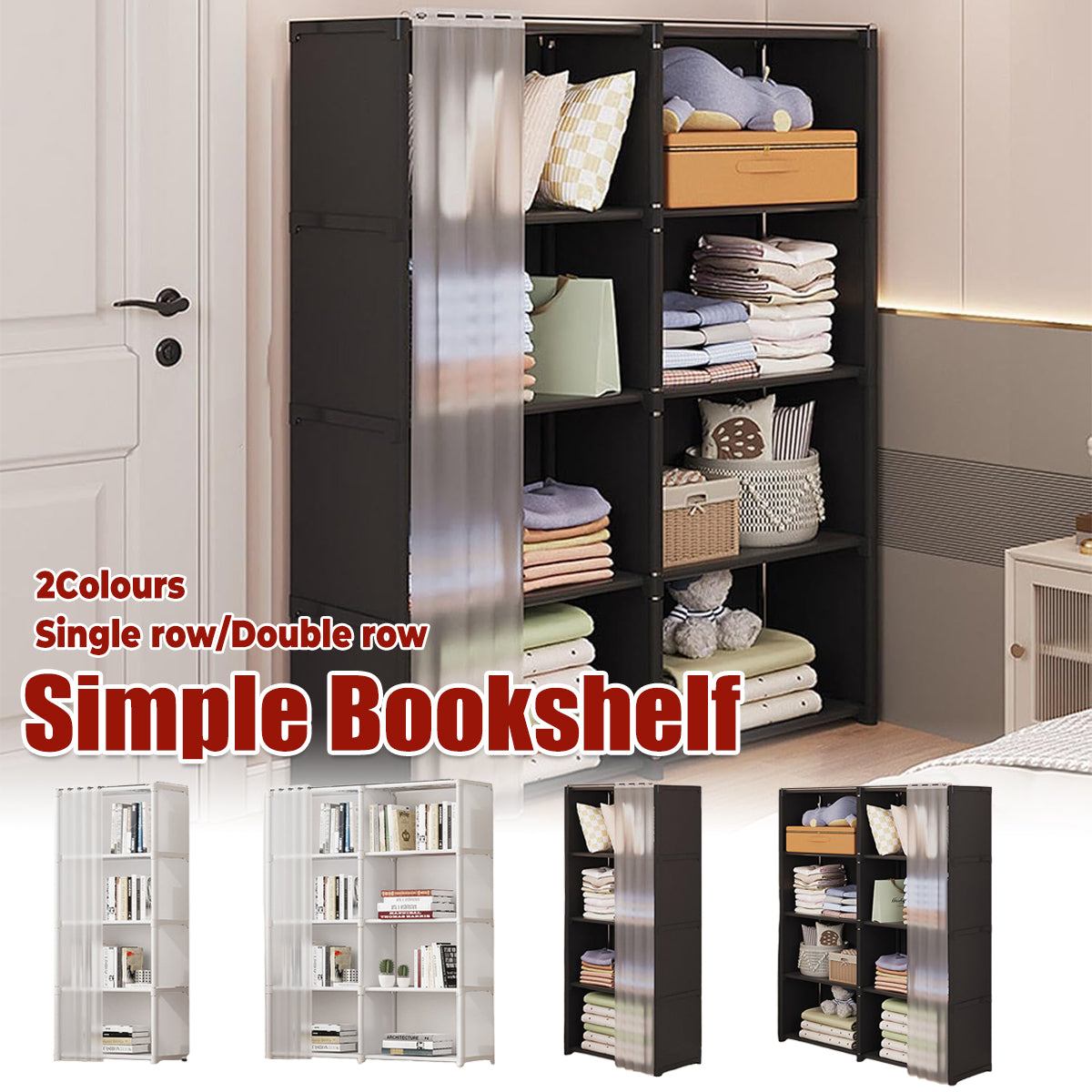 Versatile Bookshelf Storage Rack with Dust Proof Curtain